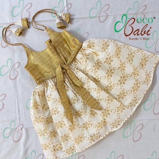 Photo 2 of 2 - Gold Floral Print Festive Wear Dress for Babies | ECOBABI® Cotton Diapers for New Borns