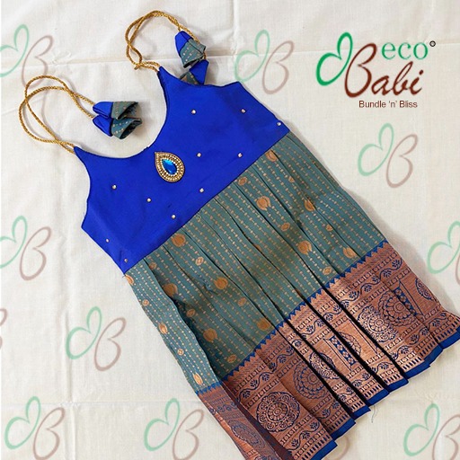 Photo 1 of 2 - Peacock Blue Blend Ethnic Silk Dress with Back Bow Tie | ECOBABI® Cotton Diapers for New Borns
