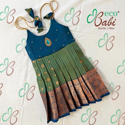 Photo 1 of 2 - Olive Green Blend Ethnic Silk Dress with Back Bow Tie | ECOBABI® Cotton Diapers for New Borns
