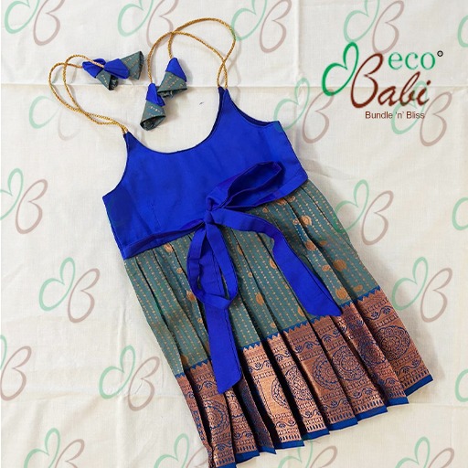Photo 2 of 2 - Peacock Blue Blend Ethnic Silk Dress with Back Bow Tie | ECOBABI® Cotton Diapers for New Borns