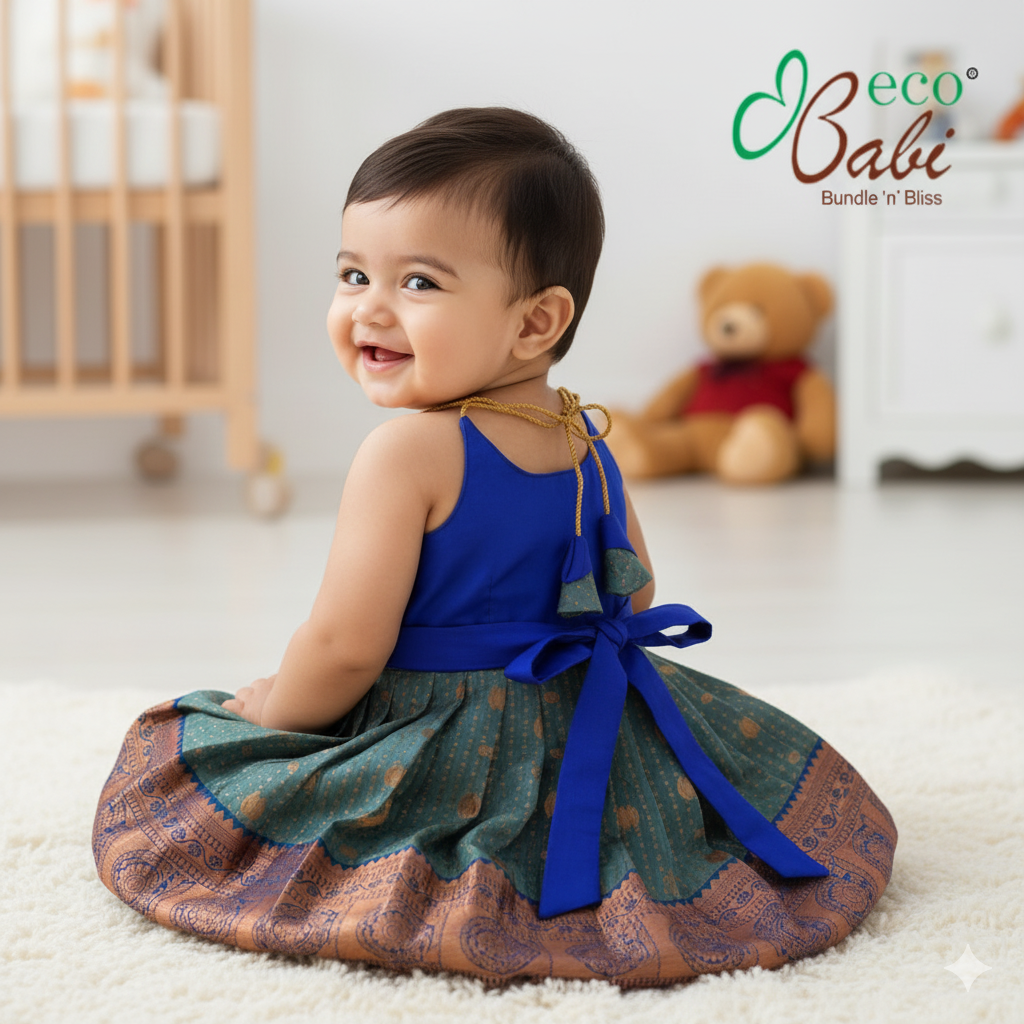 Photo 2 of 4 - Peacock Blue Blend Ethnic Silk Dress with Back Bow Tie | ECOBABI® Cotton Diapers for New Borns