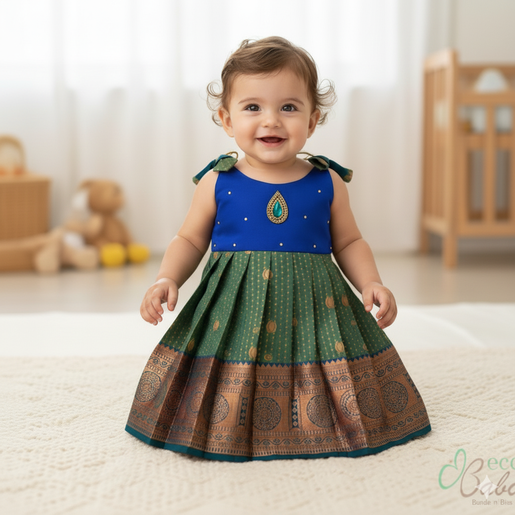 Photo 1 of 4 - Peacock Blue Blend Ethnic Silk Dress with Back Bow Tie | ECOBABI® Cotton Diapers for New Borns