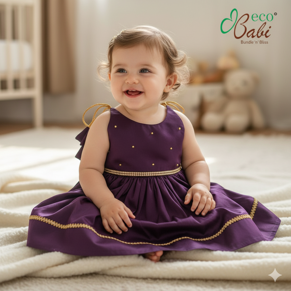 Photo 1 of 4 - Plum Purple Baby Girl Dress with Gold Lace and Back Bow Tie | ECOBABI® Cotton Diapers for New Borns