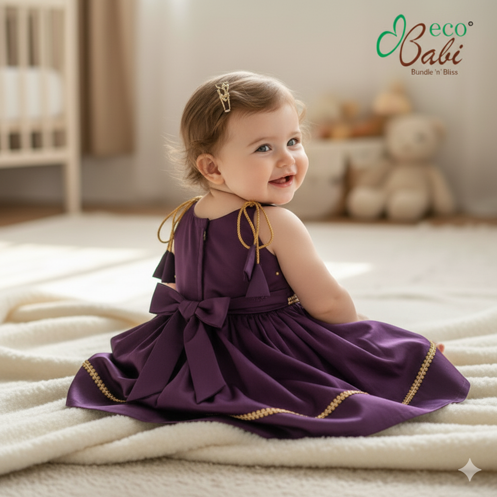 Photo 2 of 4 - Plum Purple Baby Girl Dress with Gold Lace and Back Bow Tie | ECOBABI® Cotton Diapers for New Borns