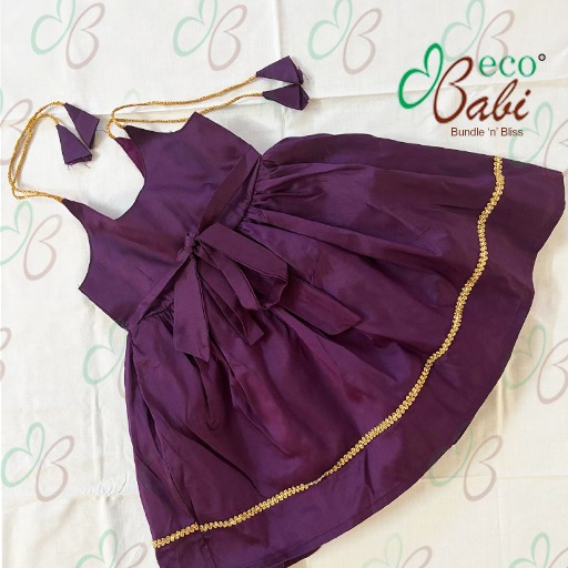 Photo 4 of 4 - Plum Purple Baby Girl Dress with Gold Lace and Back Bow Tie | ECOBABI® Cotton Diapers for New Borns