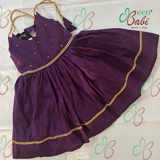 Photo 3 of 4 - Plum Purple Baby Girl Dress with Gold Lace and Back Bow Tie | ECOBABI® Cotton Diapers for New Borns