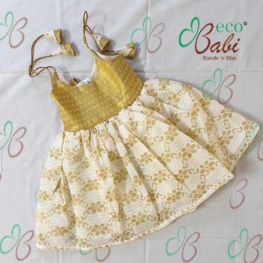 Photo 3 of 4 - Gold Floral Print Festive Wear Dress for Babies | ECOBABI® Cotton Diapers for New Borns