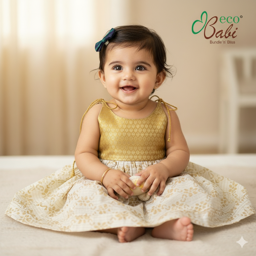 Photo 1 of 4 - Gold Floral Print Festive Wear Dress for Babies | ECOBABI® Cotton Diapers for New Borns