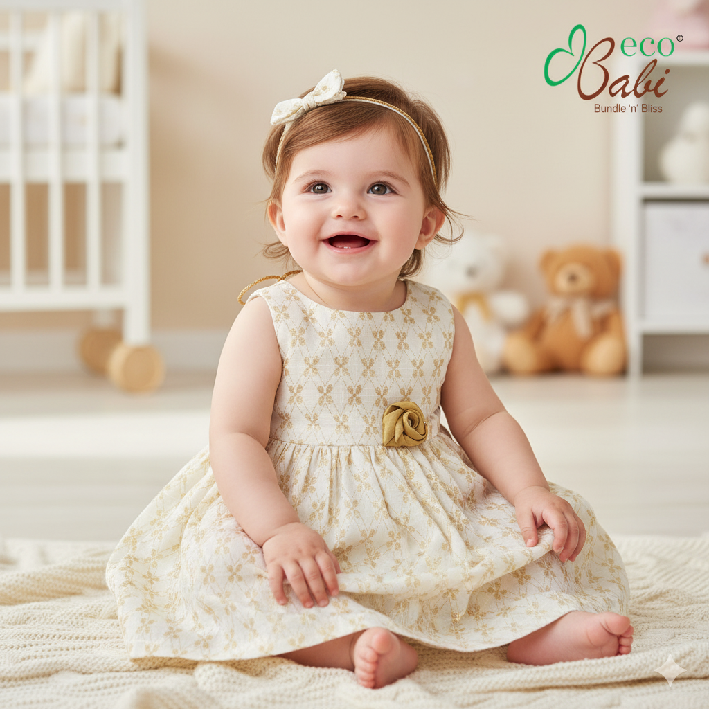 Photo 1 of 4 - Ivory and Gold Floral Dress with Matching Bows | ECOBABI® Cotton Diapers for New Borns