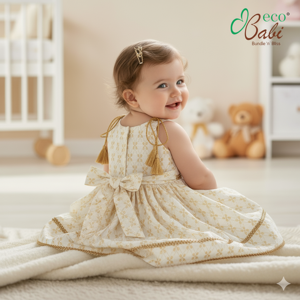 Photo 2 of 4 - Ivory and Gold Floral Dress with Matching Bows | ECOBABI® Cotton Diapers for New Borns