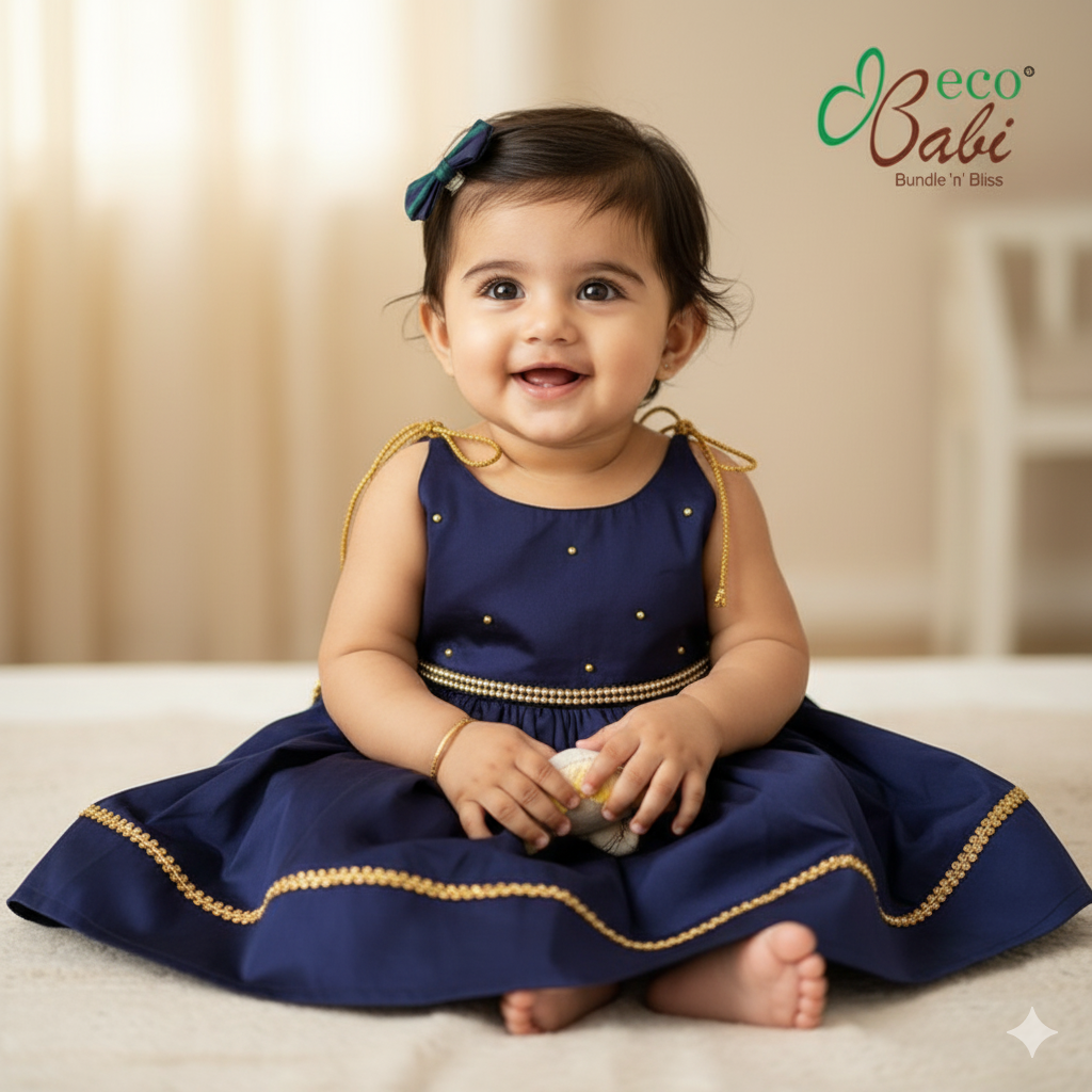 Photo 1 of 4 - Elegant Navy Blue Party Dress for Babies | ECOBABI® Cotton Diapers for New Borns