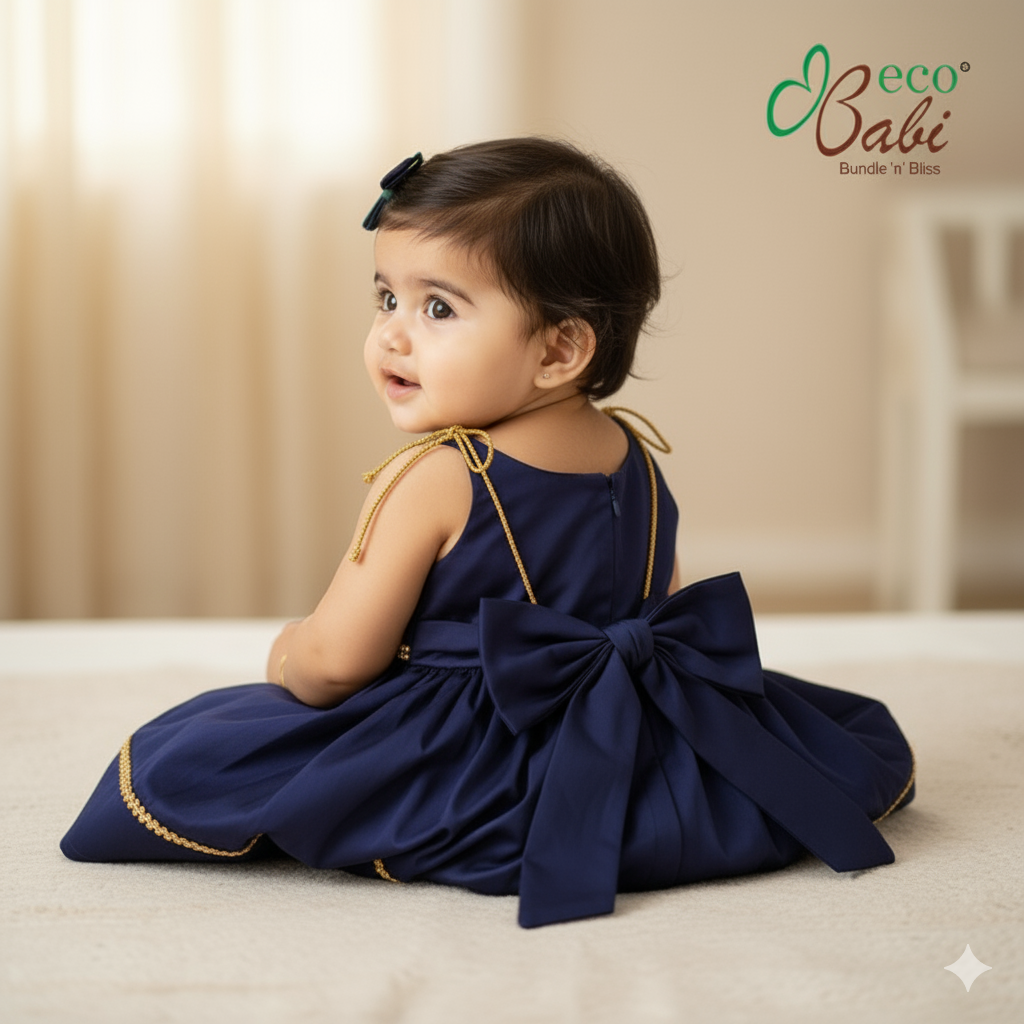 Photo 2 of 4 - Elegant Navy Blue Party Dress for Babies | ECOBABI® Cotton Diapers for New Borns