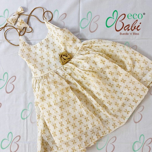 Photo 3 of 4 - Ivory and Gold Floral Dress with Matching Bows | ECOBABI® Cotton Diapers for New Borns