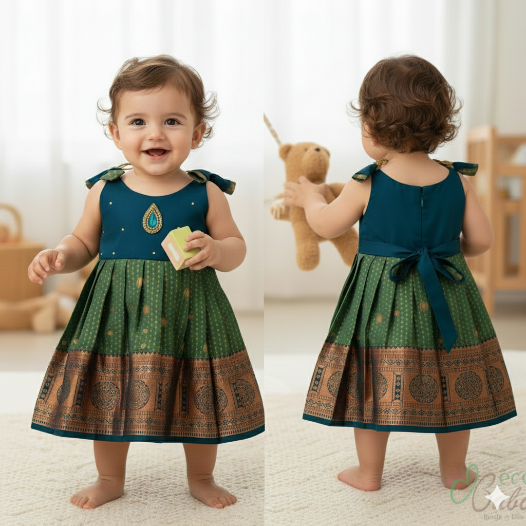 Photo 3 of 5 - Olive Green Blend Ethnic Silk Dress with Back Bow Tie | ECOBABI® Cotton Diapers for New Borns