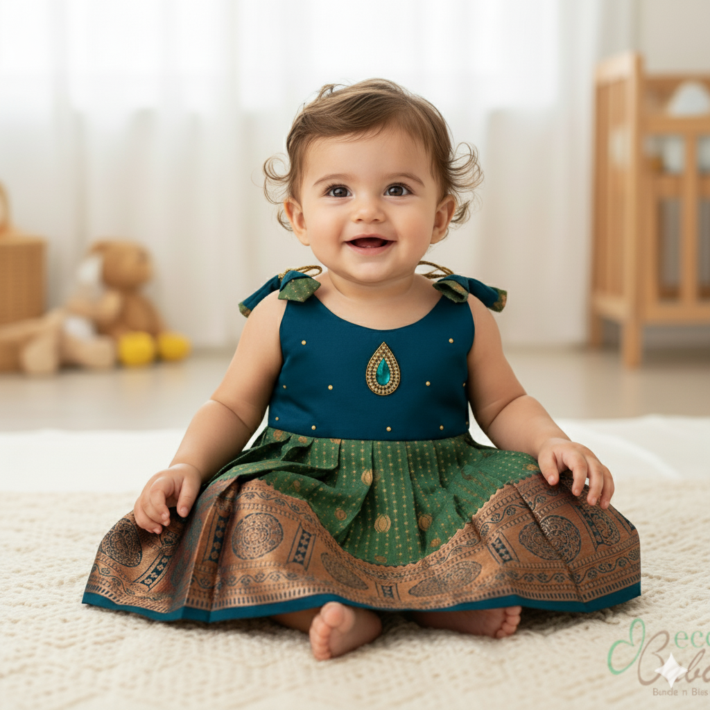 Photo 1 of 5 - Olive Green Blend Ethnic Silk Dress with Back Bow Tie | ECOBABI® Cotton Diapers for New Borns