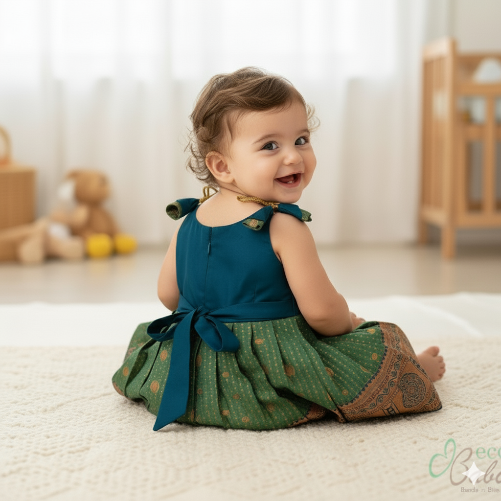 Photo 2 of 5 - Olive Green Blend Ethnic Silk Dress with Back Bow Tie | ECOBABI® Cotton Diapers for New Borns