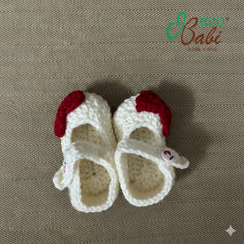Photo 1 of 1 - Handmade Crochet Shoes - White + Red Bow | ECOBABI® Cotton Diapers for New Borns