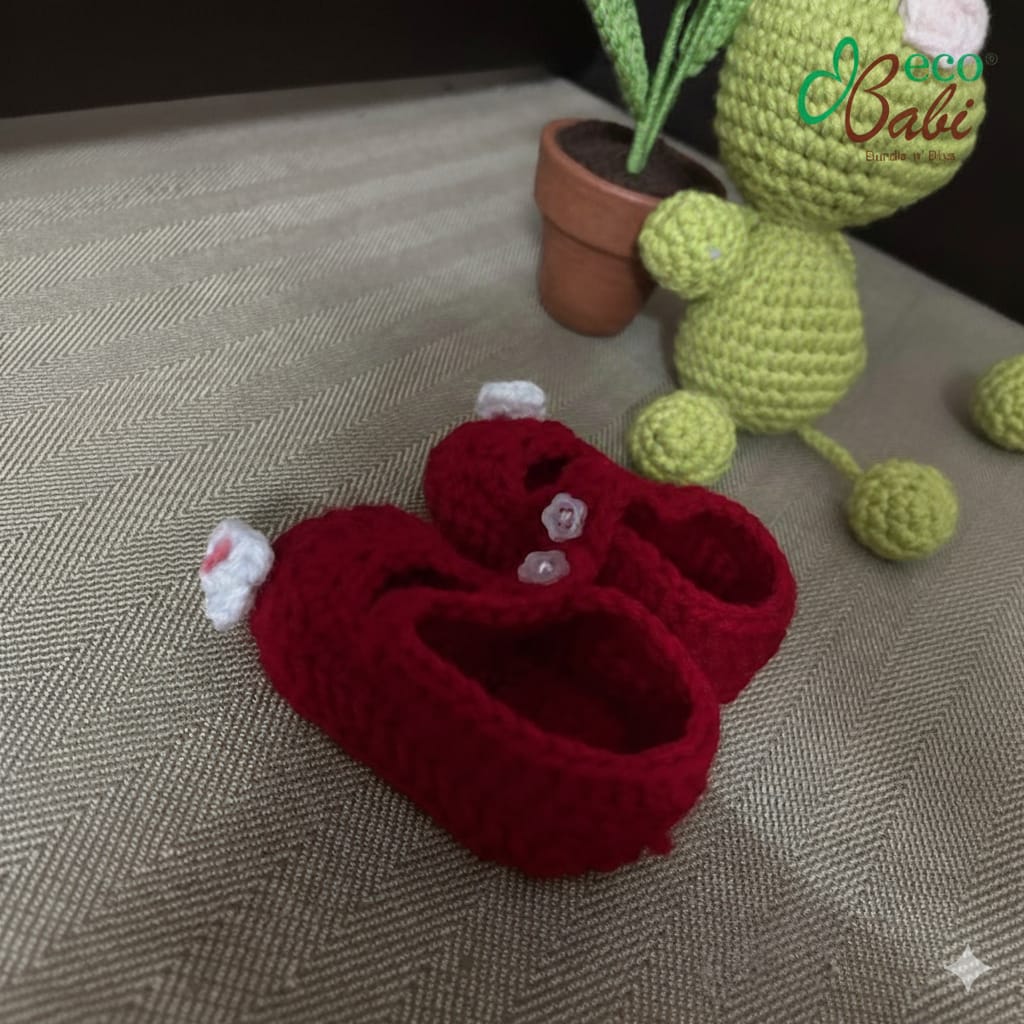 Photo 1 of 1 - Handmade Crochet Shoes - Soft Red with White  | ECOBABI® Cotton Diapers for New Borns